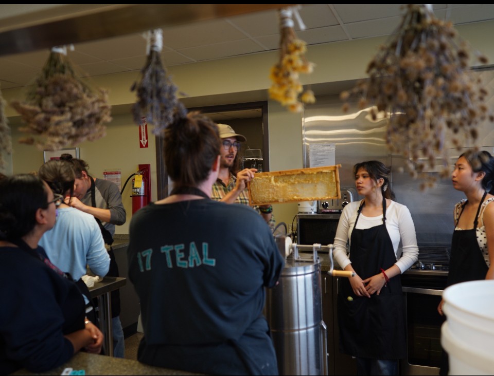 Noah Frazier of the Chicago Honey Co-op loads uncapped honey frames into an extractor. The frames are spun to release honey from the comb, which is then drained into a pail before being portioned into jars.