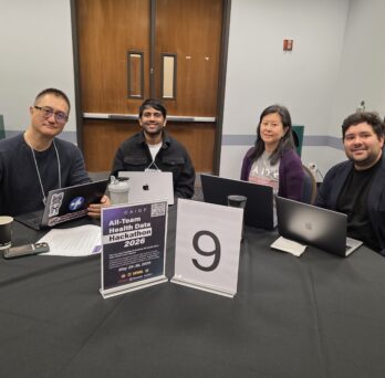 First-place winning team members (from left to right): Lawrence Salud, Abhishek Basu, Amy Wang and Luis Cisneros.
                  